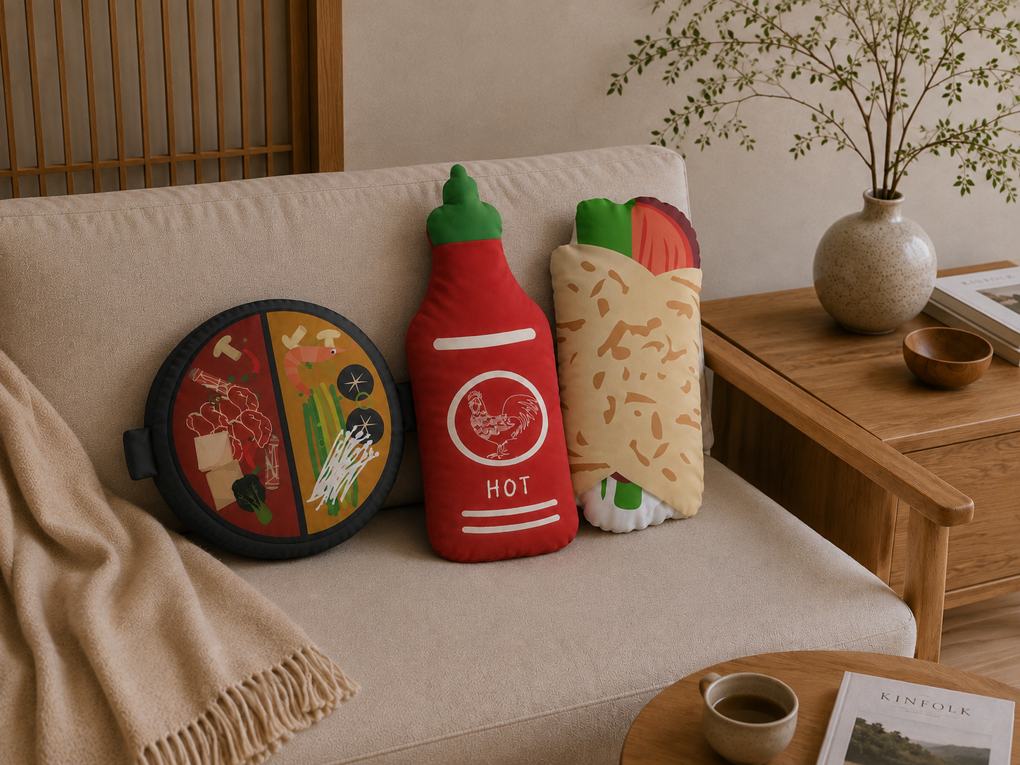 Maison Maps hot pot, hot sauce and shawarma shaped food pillows arranged on a linen sofa beside an oak side table