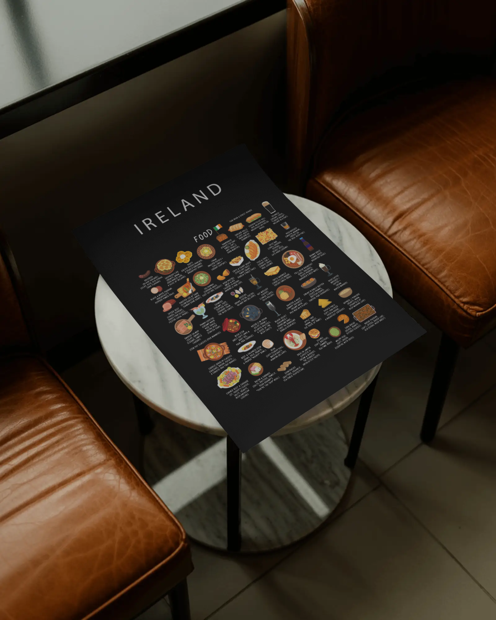 Maison Maps Ireland food poster styled on a marble café side table between leather chairs