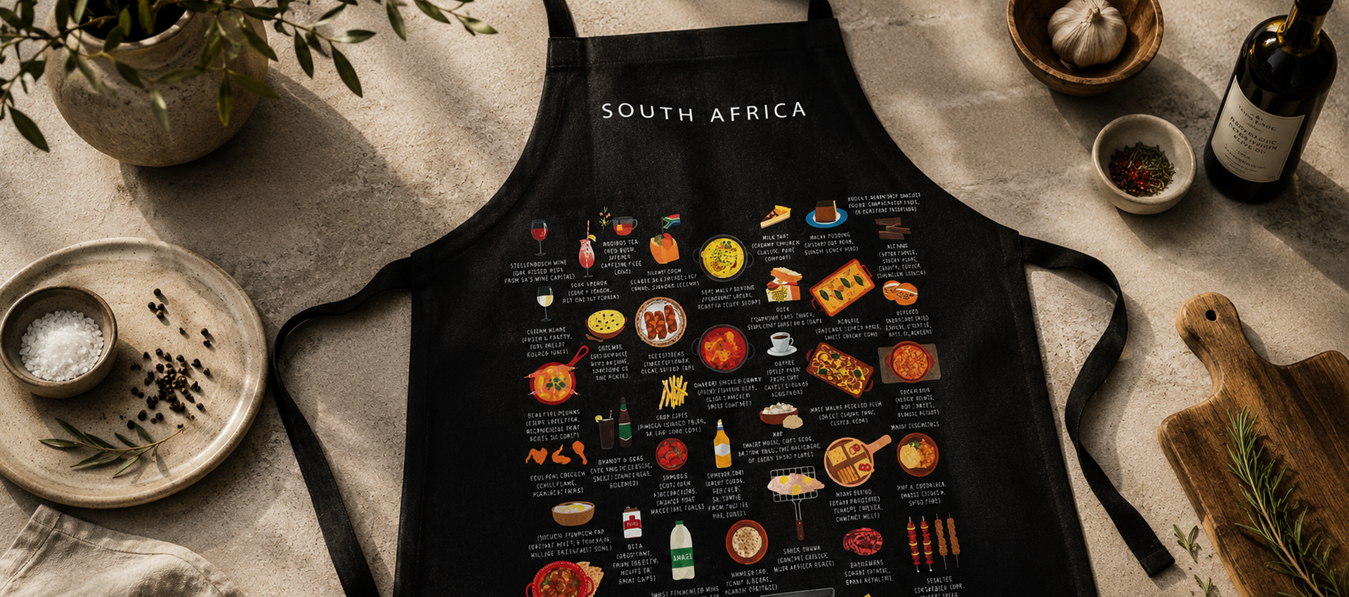Maison Maps South Africa apron styled on a stone table with olive branches, wine and rosemary