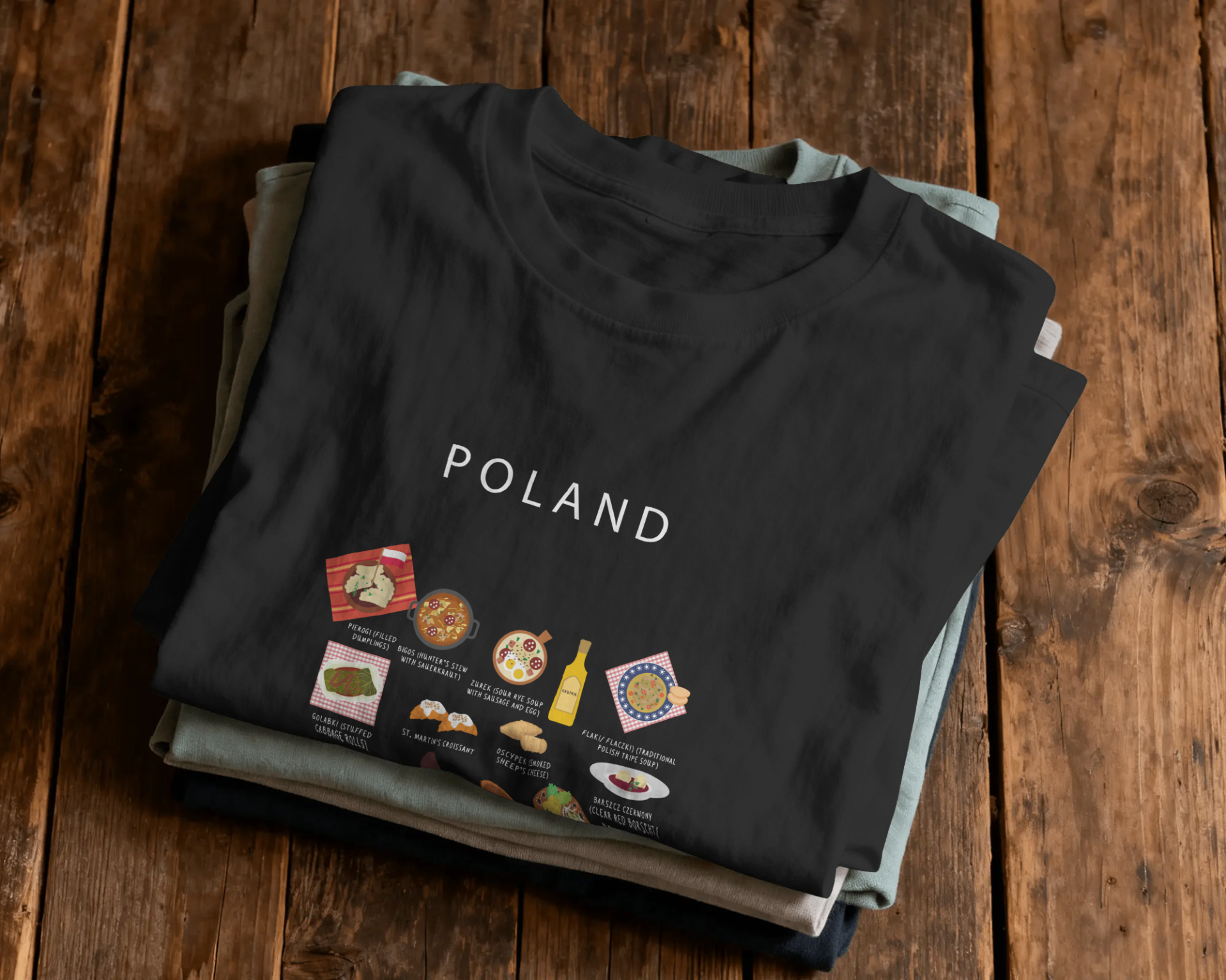 Maison Maps Poland folded t-shirt styled on a rustic wooden surface