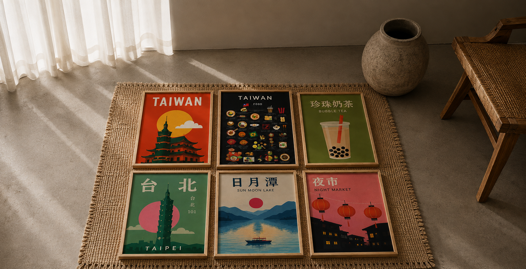 Six illustrated Taiwan food posters laid out on a woven rug beside a linen sofa while a gallery wall is planned