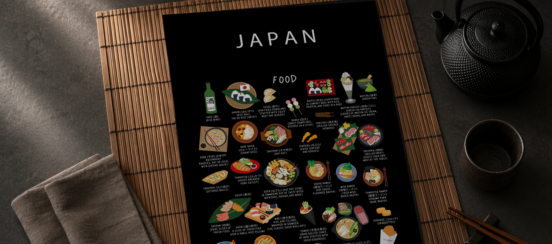 Maison Maps Japan food poster laid on a bamboo mat beside a cast-iron teapot, chopsticks and a ceramic cup