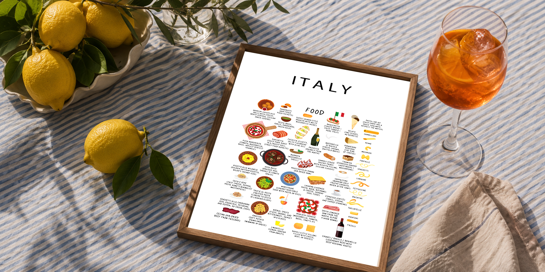 Maison Maps Italy food poster framed on a striped linen with lemons and an Aperol Spritz in warm sunlight
