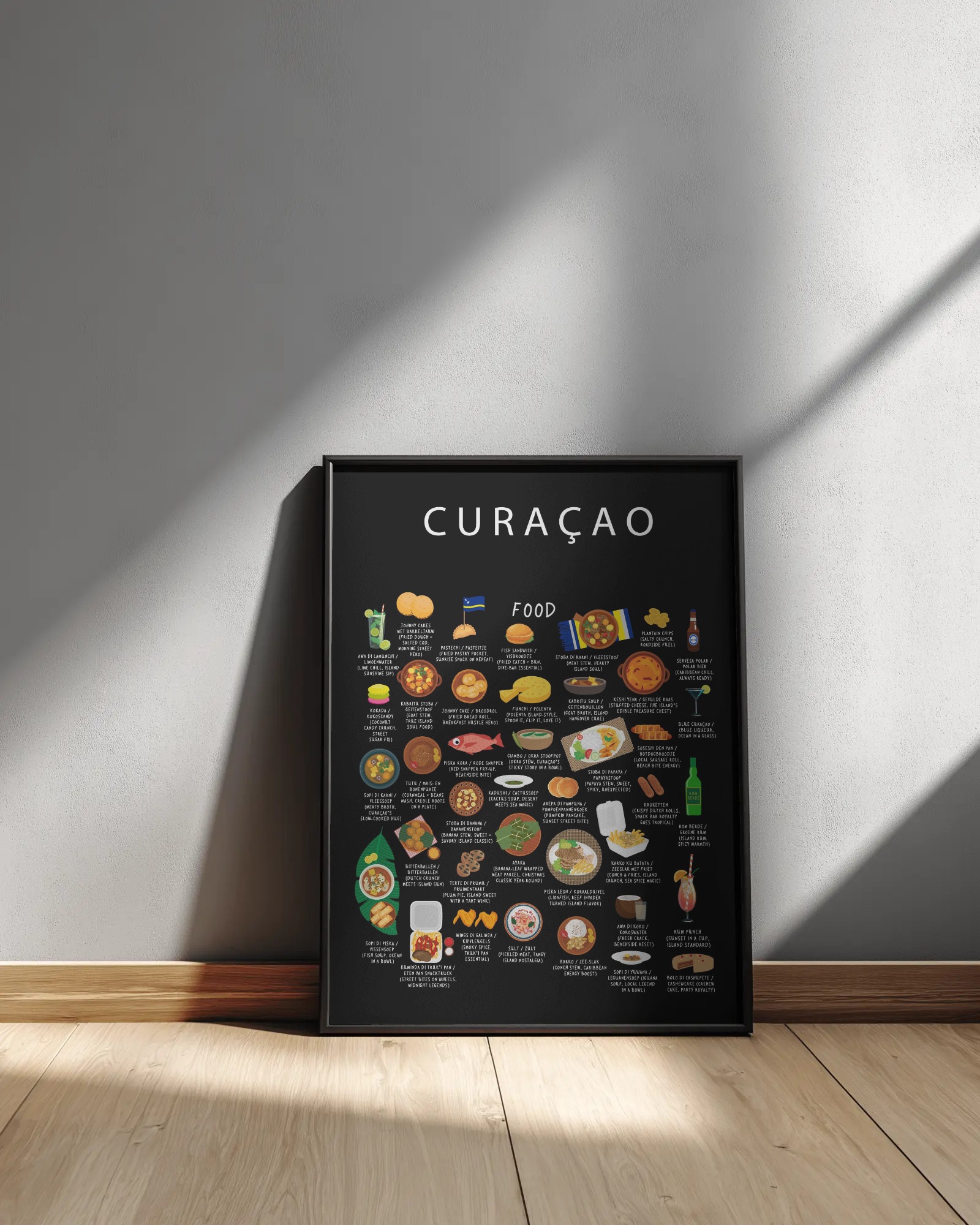 Maison Maps Curaçao framed food poster leaning against a sunlit interior wall