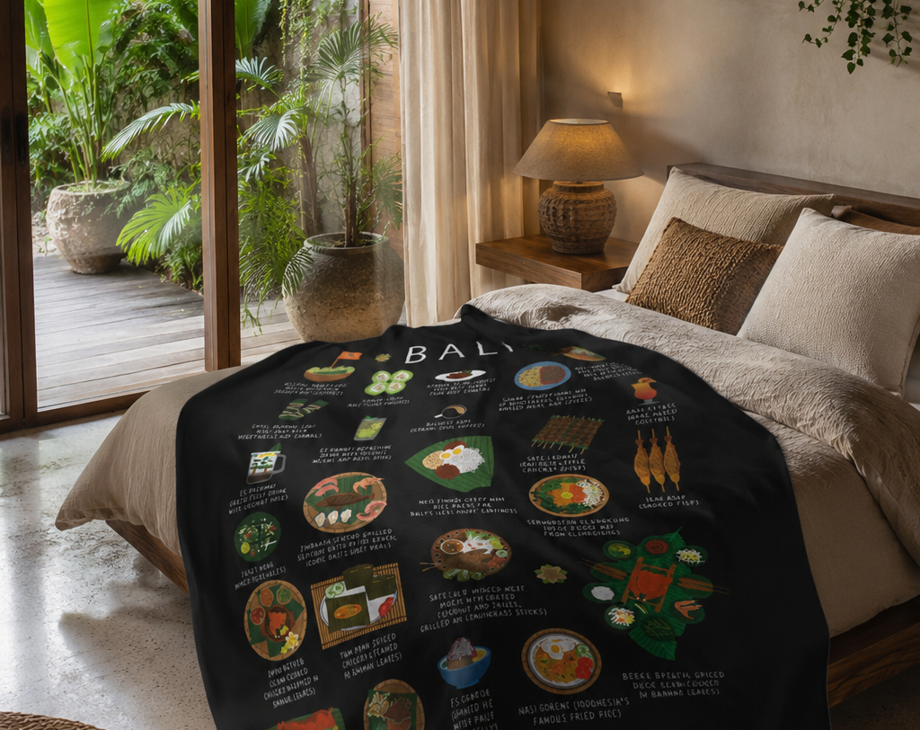 Maison Maps Bali blanket draped across a linen bed in a tropical villa bedroom